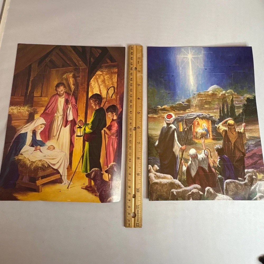 2 Vtg Autom Nativity Scene Advent‎ Calendar Christmas Religious Family Tradition